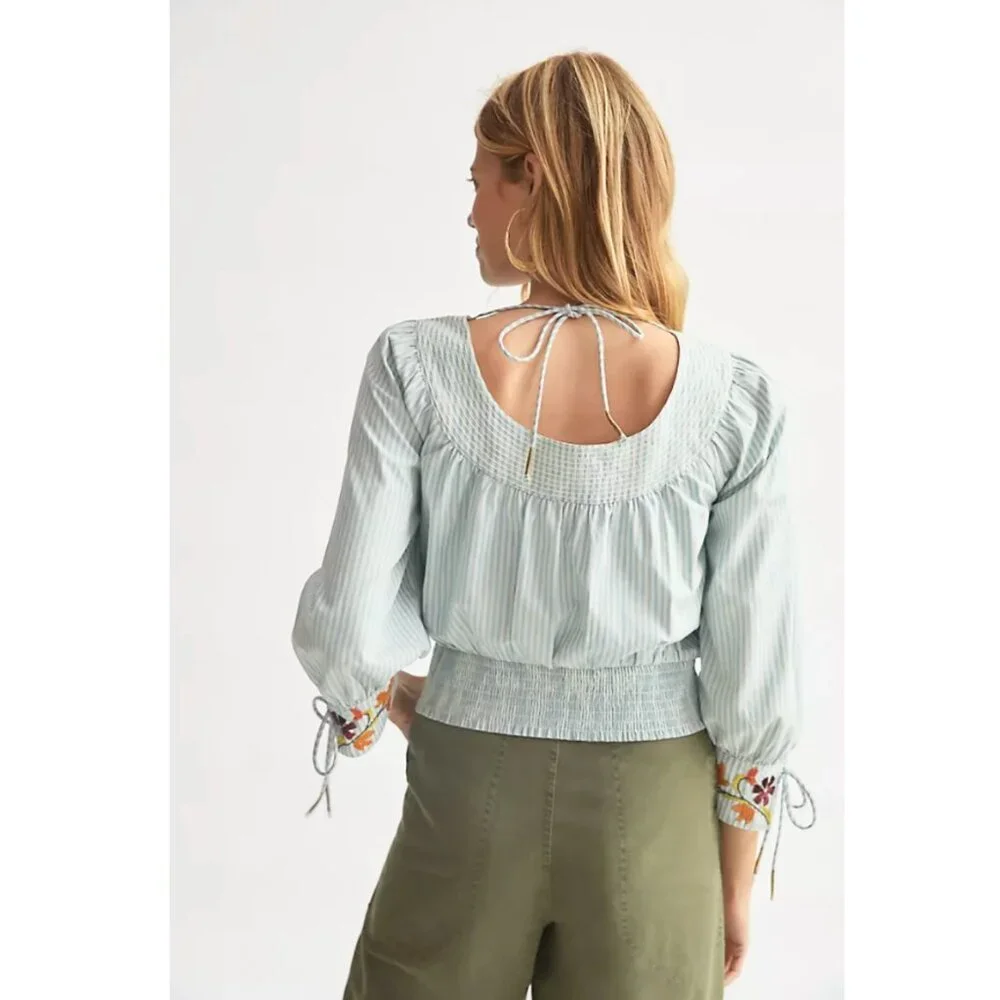ANTHROPOLOGIE | Beaded Puff-Sleeved Blouse Blue White Small Fairycore Coquette